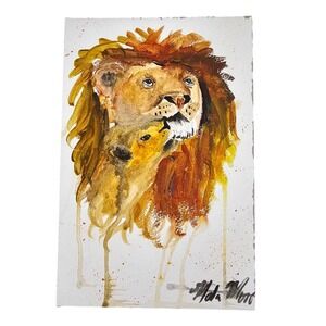 Ada Moore Lion Cub Original Watercolor Painting 5.5x8.5 Wildlife Signed NEW